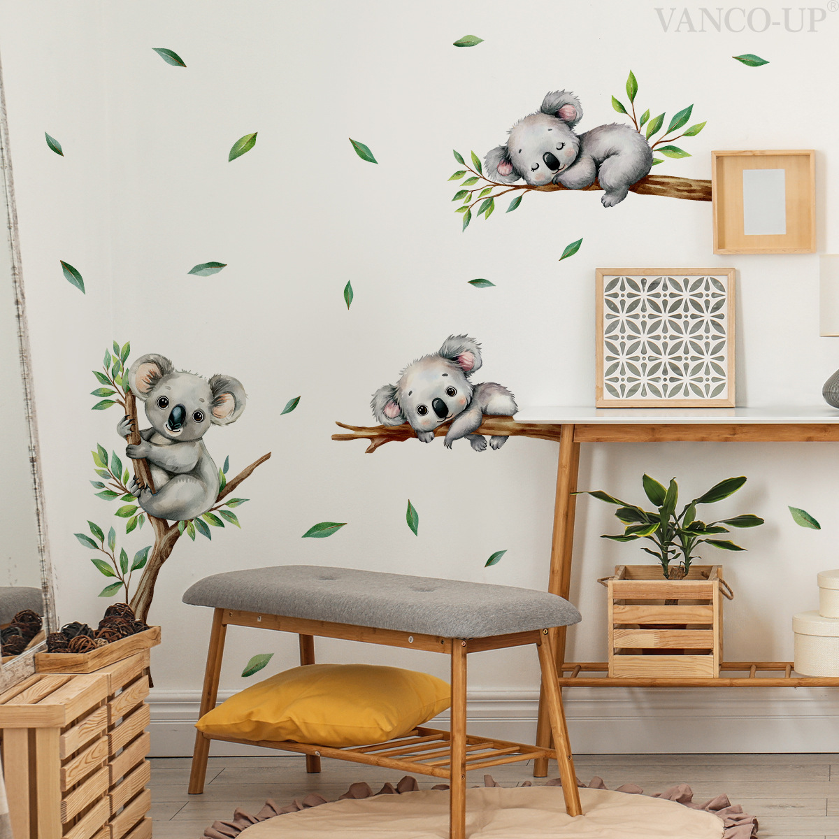 Baby Nursery Wallpaper - Cartoon Koala Climbing Tree Branch Wall