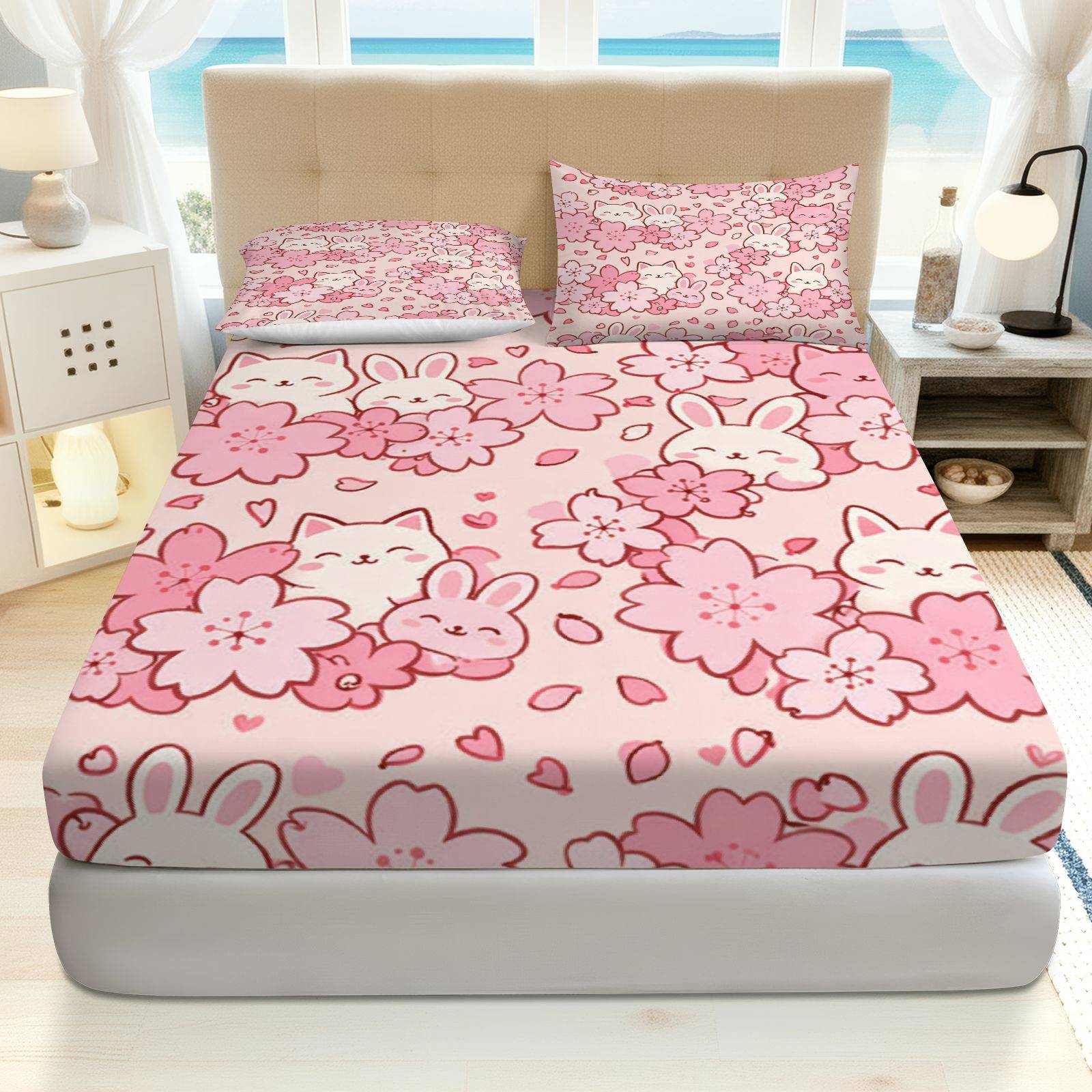 Baby Nursery Home - Sakura Rabbit Cat Bedding Set, Breathable