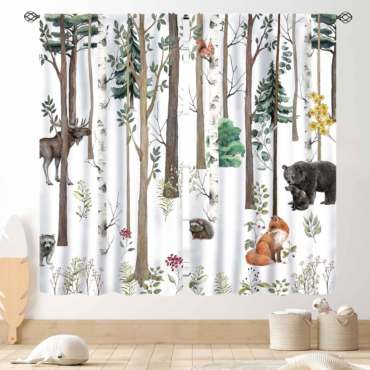 Blackout Curtain Nursery - Woodland Nursery Curtains,Rustic Forest Animals Watercolor