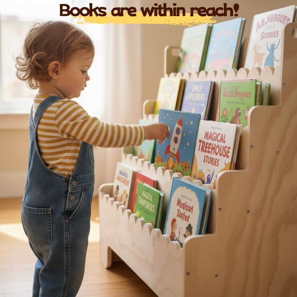 Kids Bookshelf 4-Tier, Natural - Baby Nursery Shelves review and price